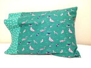 Handmade Shorebirds Pillowcase Set, Aqua Green and Pink,  Standard Size, Cotton